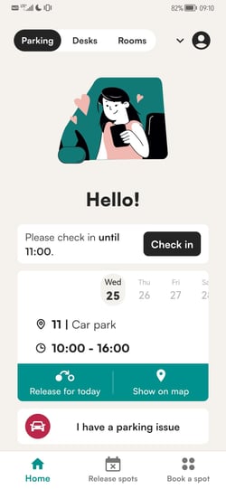 Check-in section for a parking spot booking on the Tidaro mobile app home screen