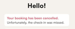 Mobile app message saying the booking was cancelled