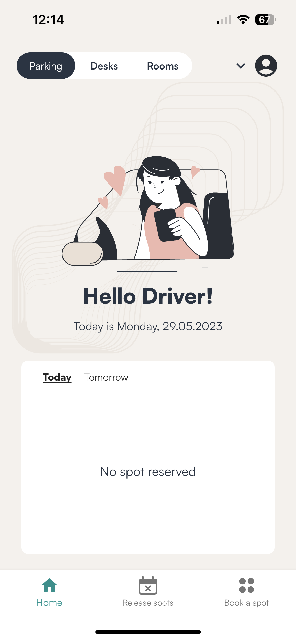 Tidaro mobile app home screen with the Parking tab