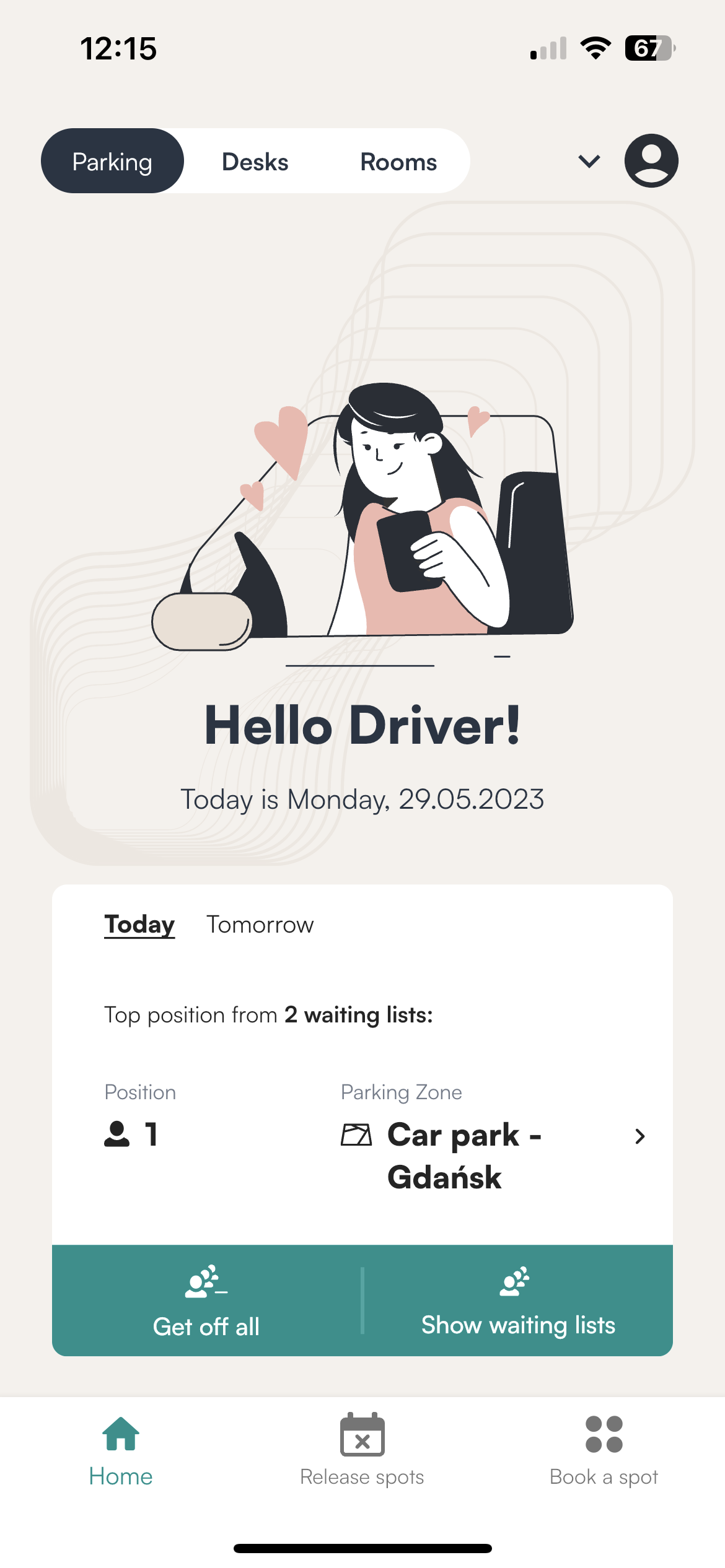 Waiting list positions on the Tidaro mobile app home screen