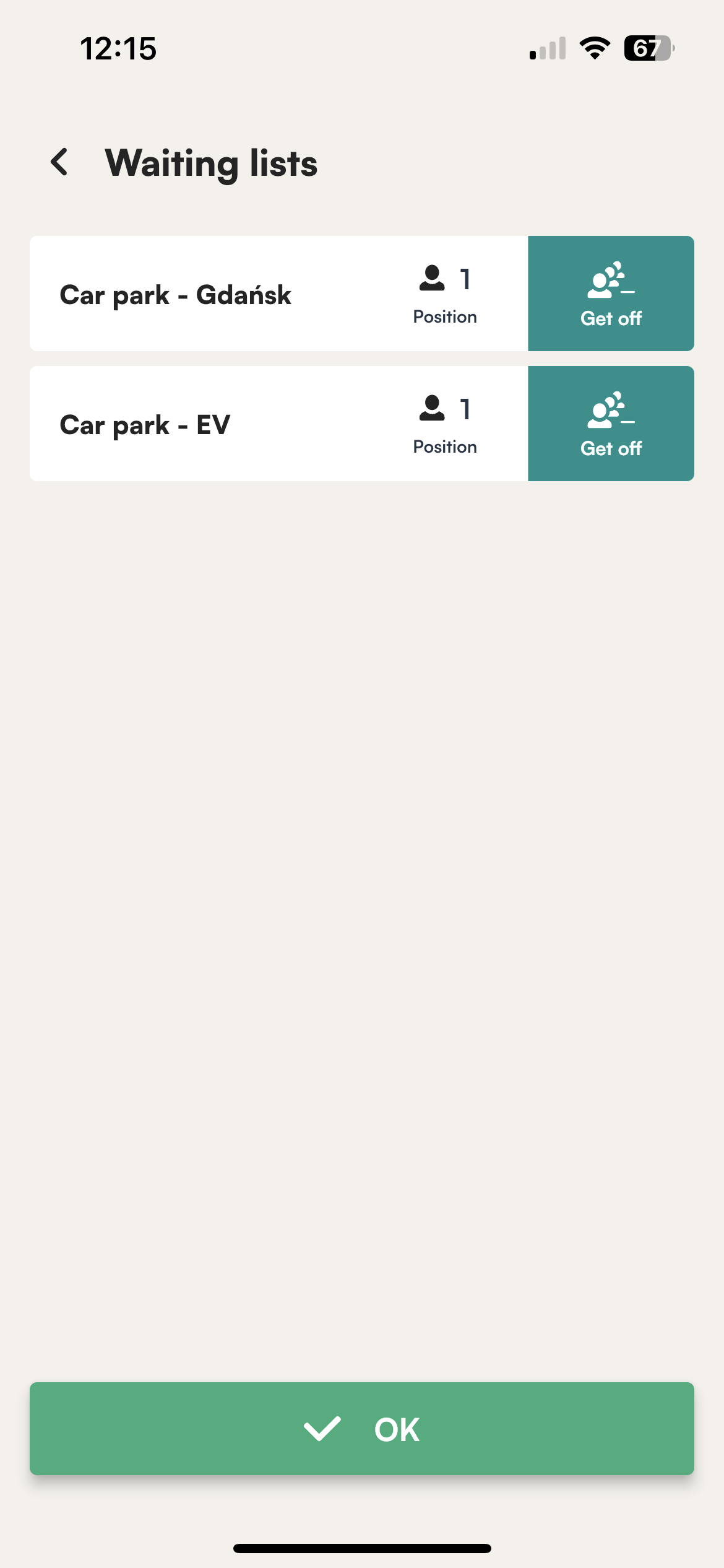 List of joined waiting lists with Get off buttons in the Tidaro mobile app