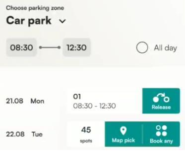 Book any button for an hourly parking booking in the Tidaro mobile app