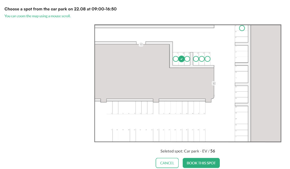 Book this spot button on the car park map in the Tidaro web app