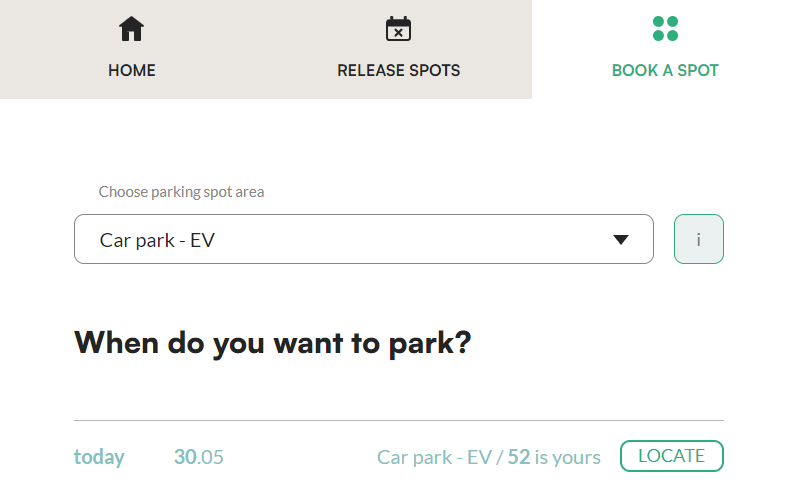 Booked parking spot with the Locate button in the Tidaro web app
