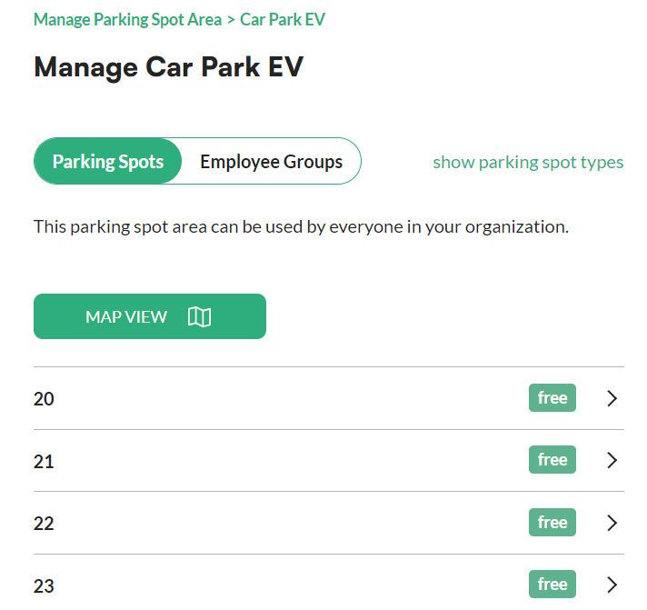 List of parking spots in the selected area