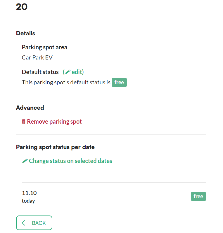 Parking spot details with the Default status section