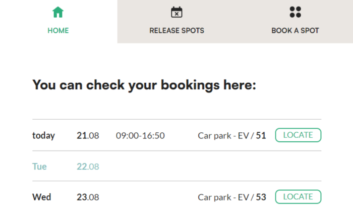 List of parking spot bookings with booking times in the Tidaro web app