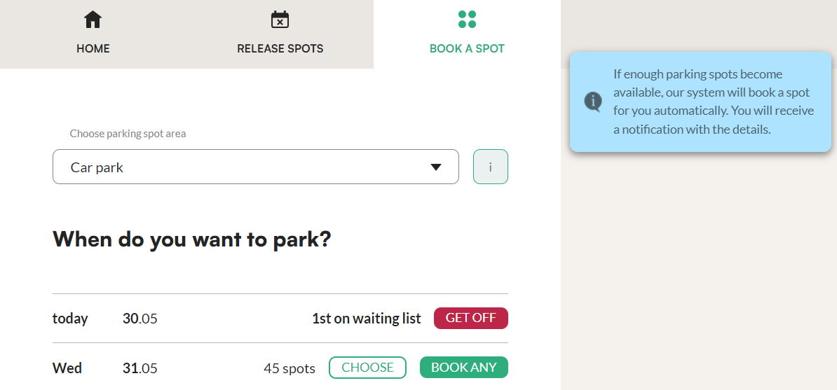 Confirmation message with your position on the waiting list in the Tidaro web app