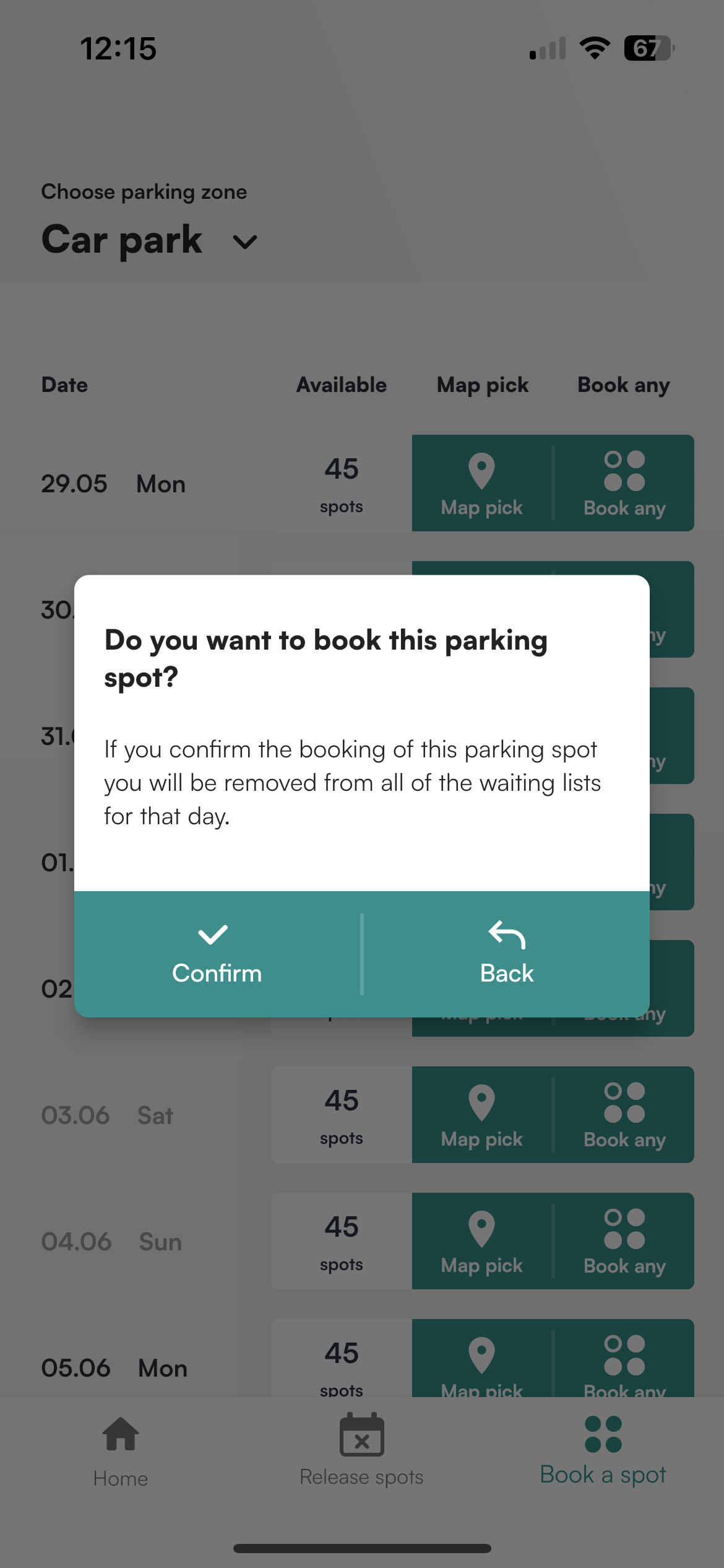 Message asking you to confirm booking a parking spot in another zone