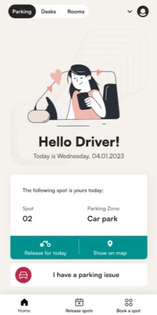 Tidaro mobile app home screen with parking issue feature