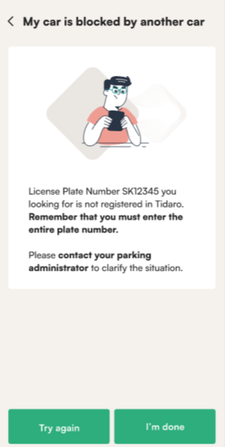 Tidaro mobile app license plate not found message