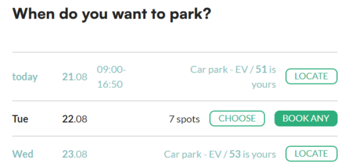 Locate button showing your booked spot on the car park map