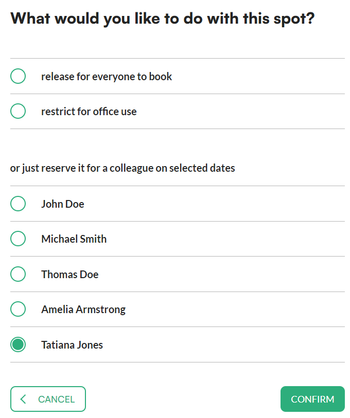 Restricting a parking spot for office use on selected dates