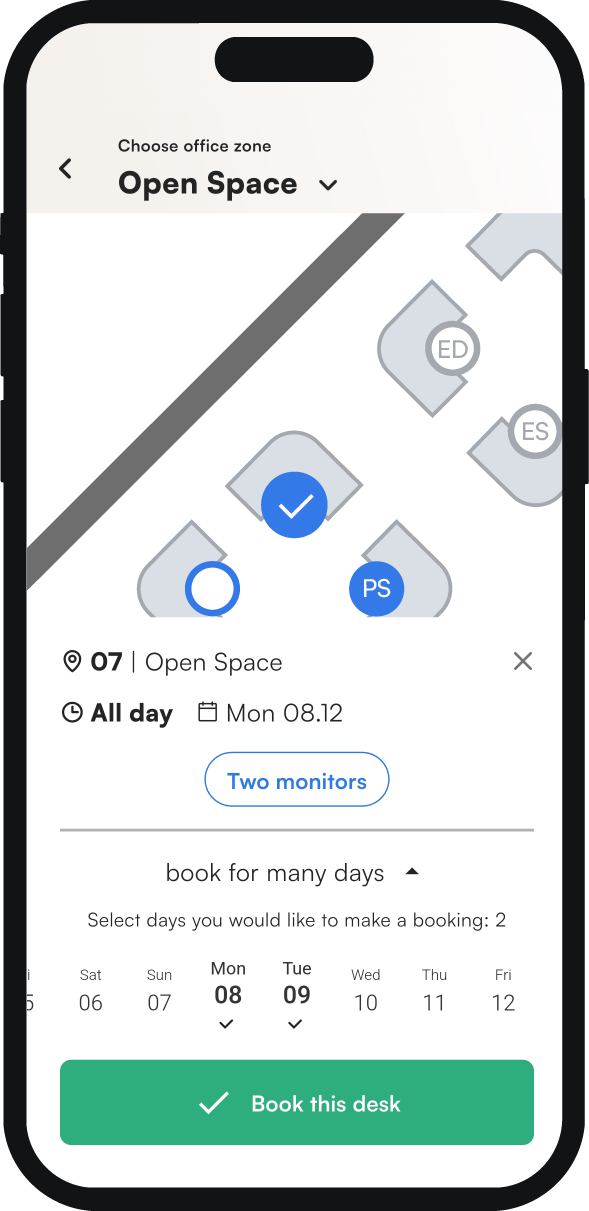 Booking a desk for several days in the Tidaro mobile app