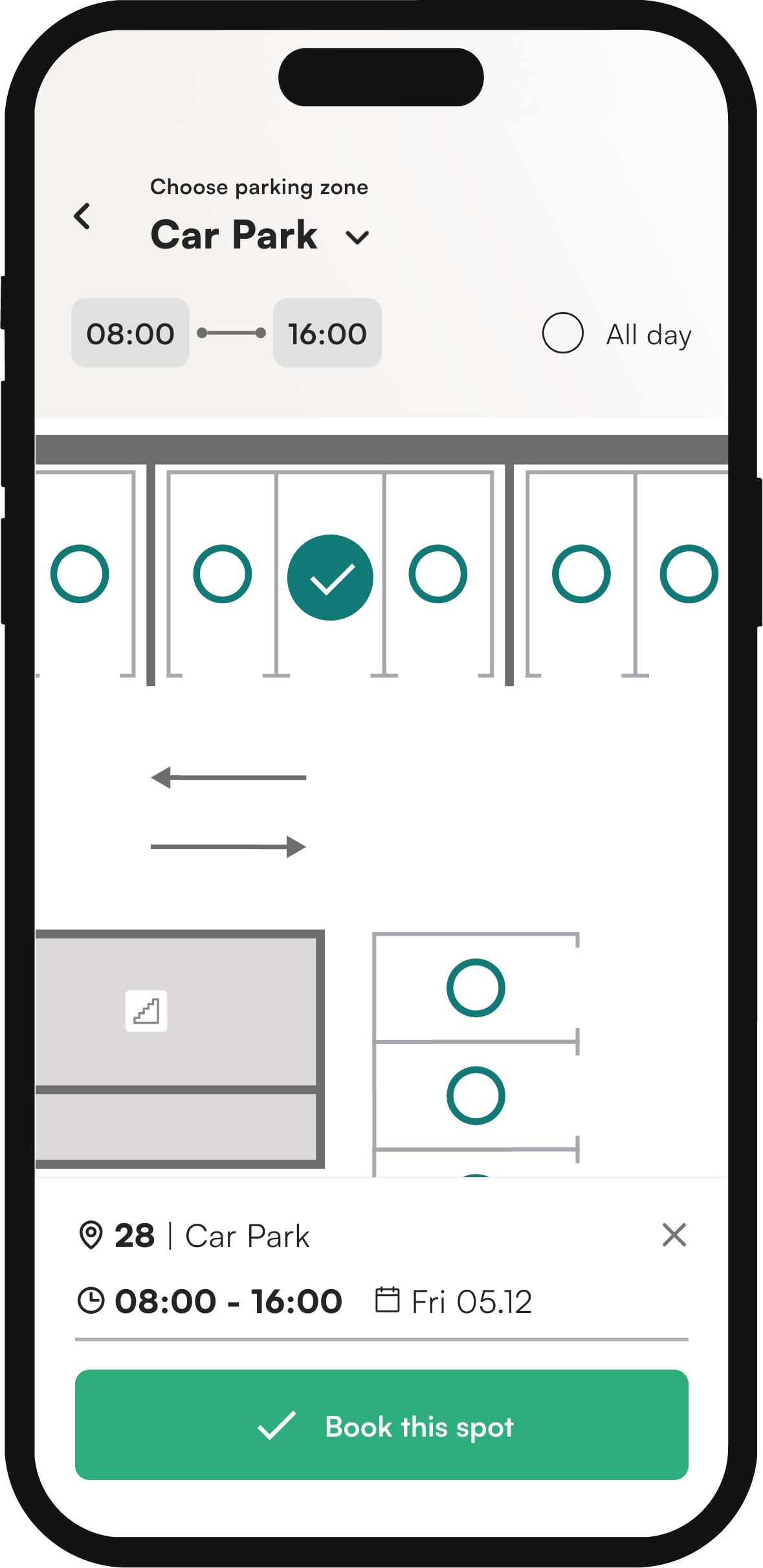 Booking a parking spot in the Tidaro mobile app