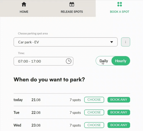 Selecting the booking time in the Tidaro web app