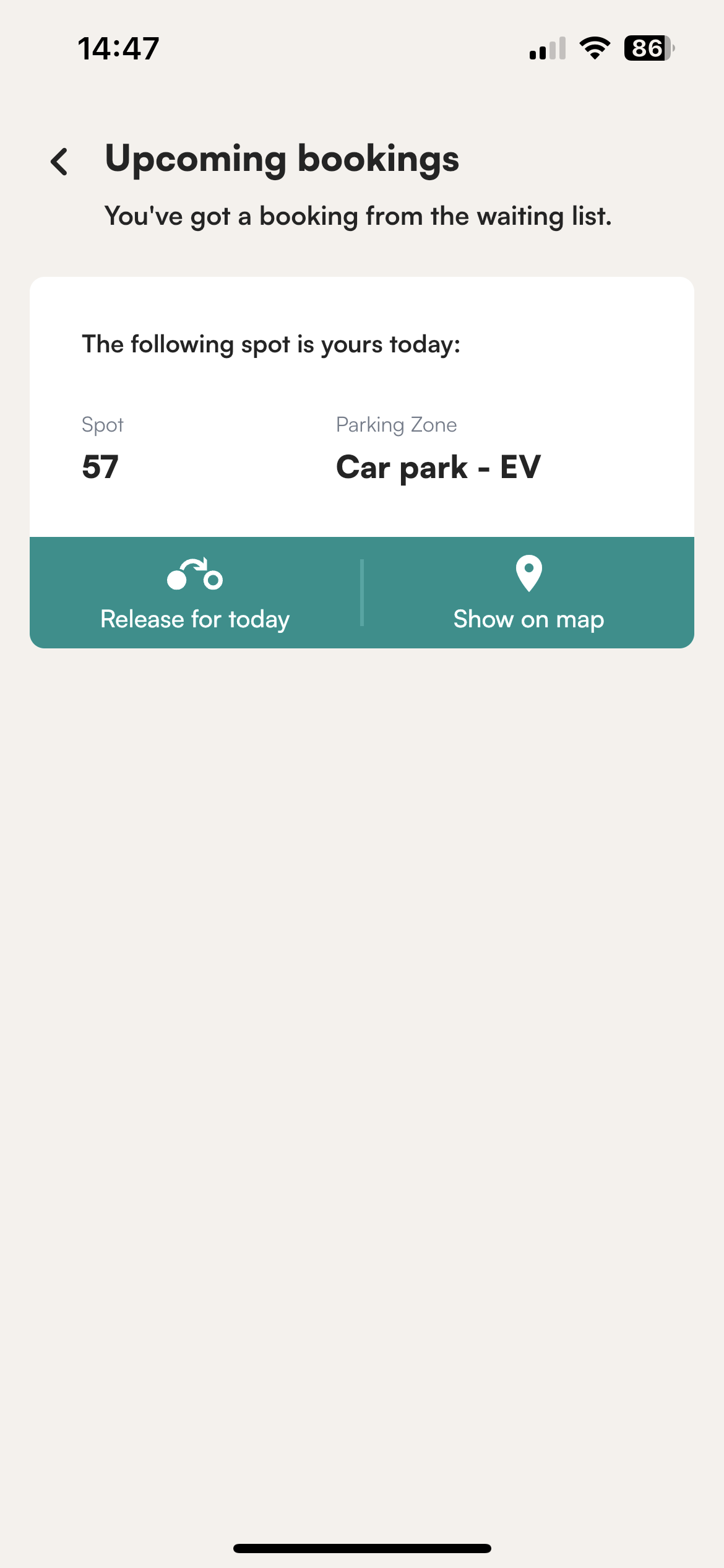 Upcoming bookings with a spot assigned from the waiting list in the Tidaro mobile app