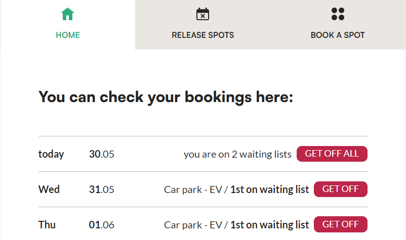 Home tab showing two waiting lists in the Tidaro web app