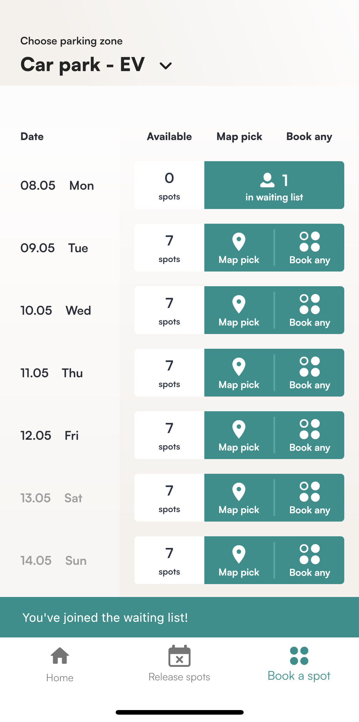 Confirmation message after joining a waiting list in the Tidaro mobile app