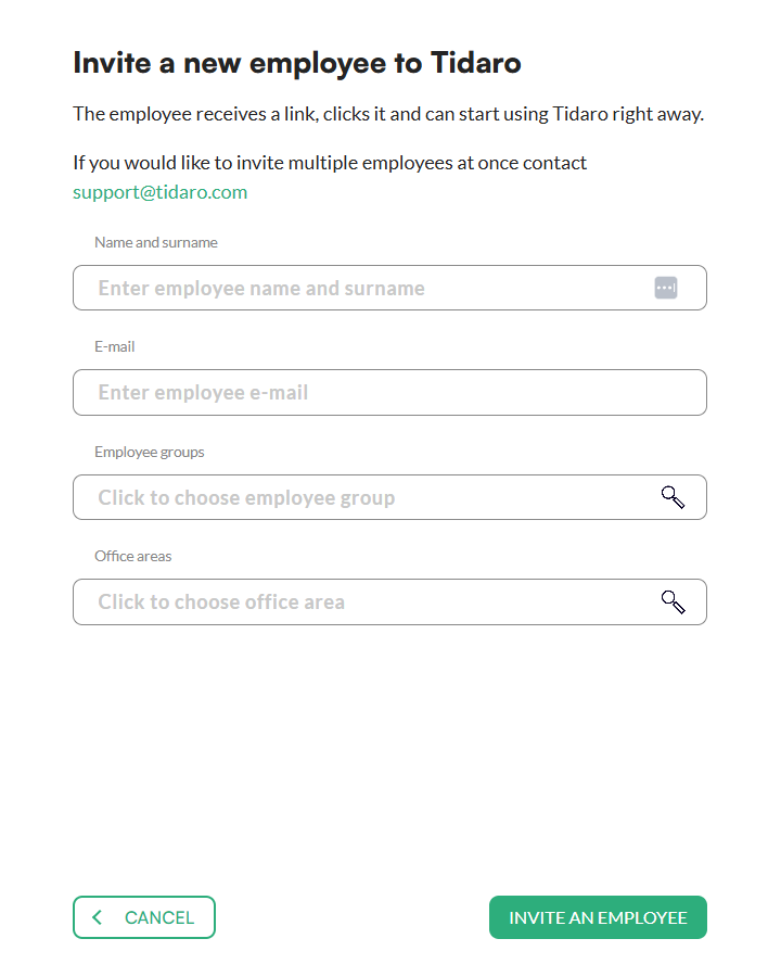 Inviting a new employee to the Tidaro app