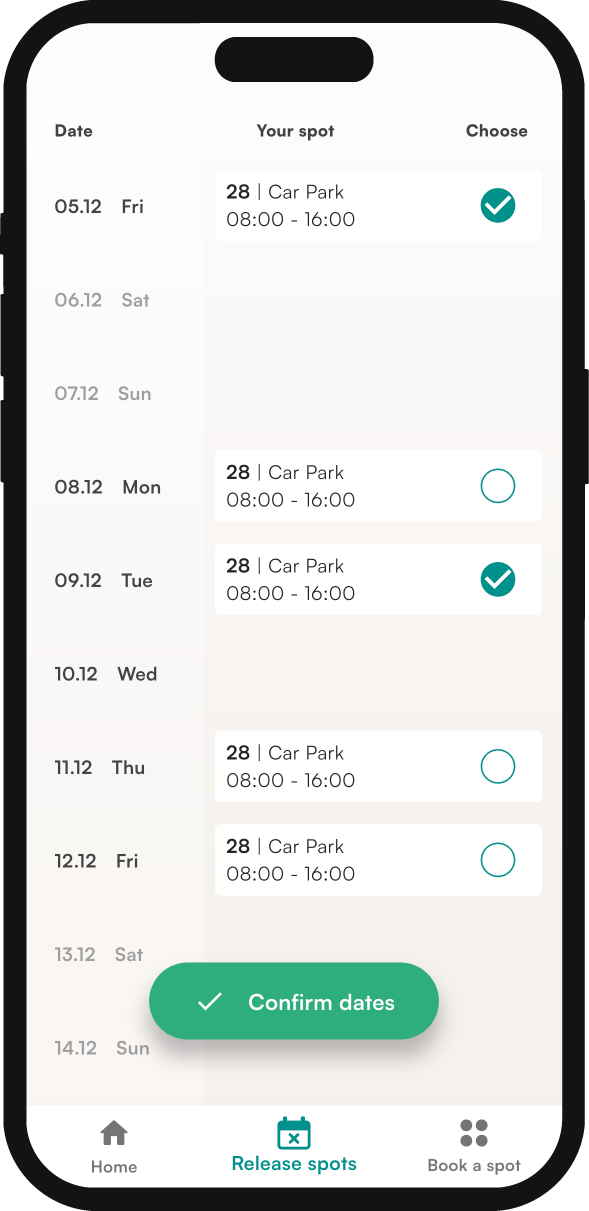 Releasing parking spots in the Tidaro mobile app
