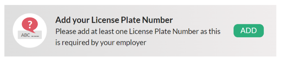 Notification asking you to add license plate numbers on the Tidaro web app home screen