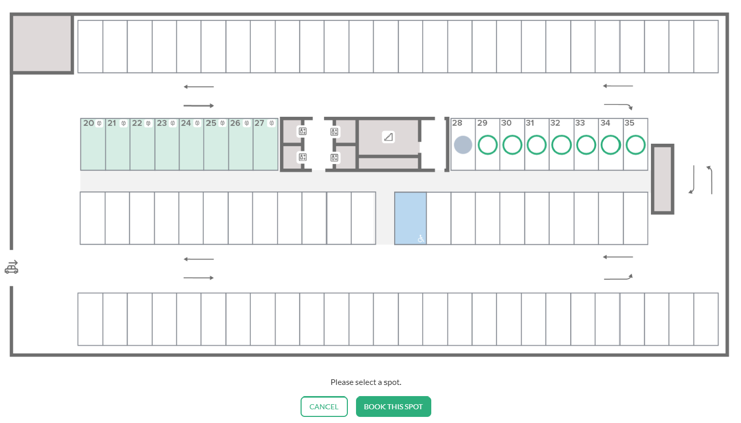 Car park map in the demo account with an assigned spot shown as a grey circle