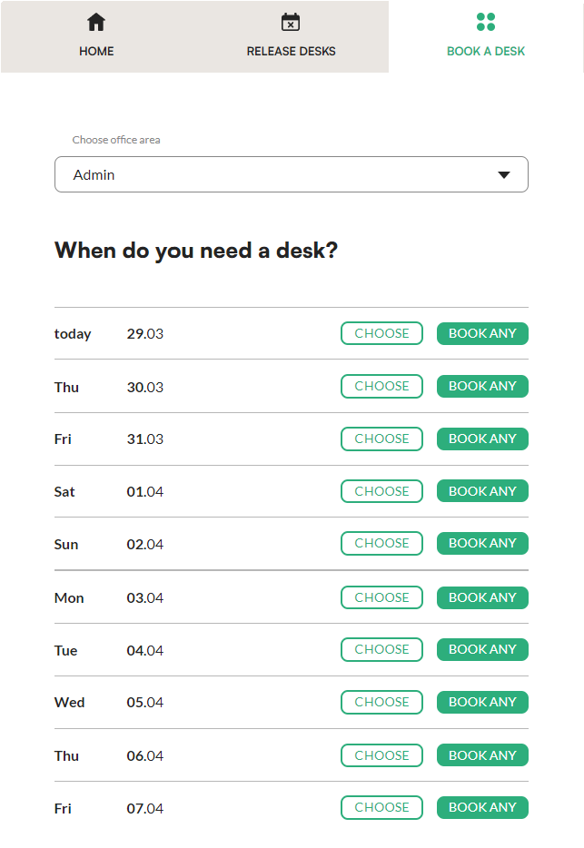 Choosing an office area in the book a desk tab of the Tidaro web app