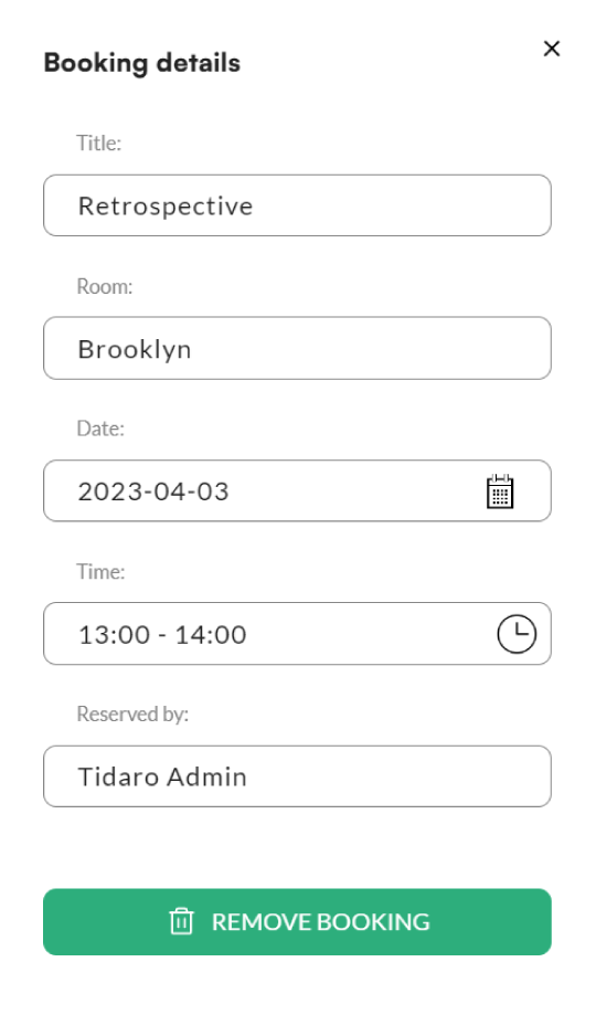 Meeting details panel with the remove booking button in the Tidaro web app