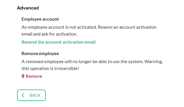 Employee details panel with the option to resend the account activation email