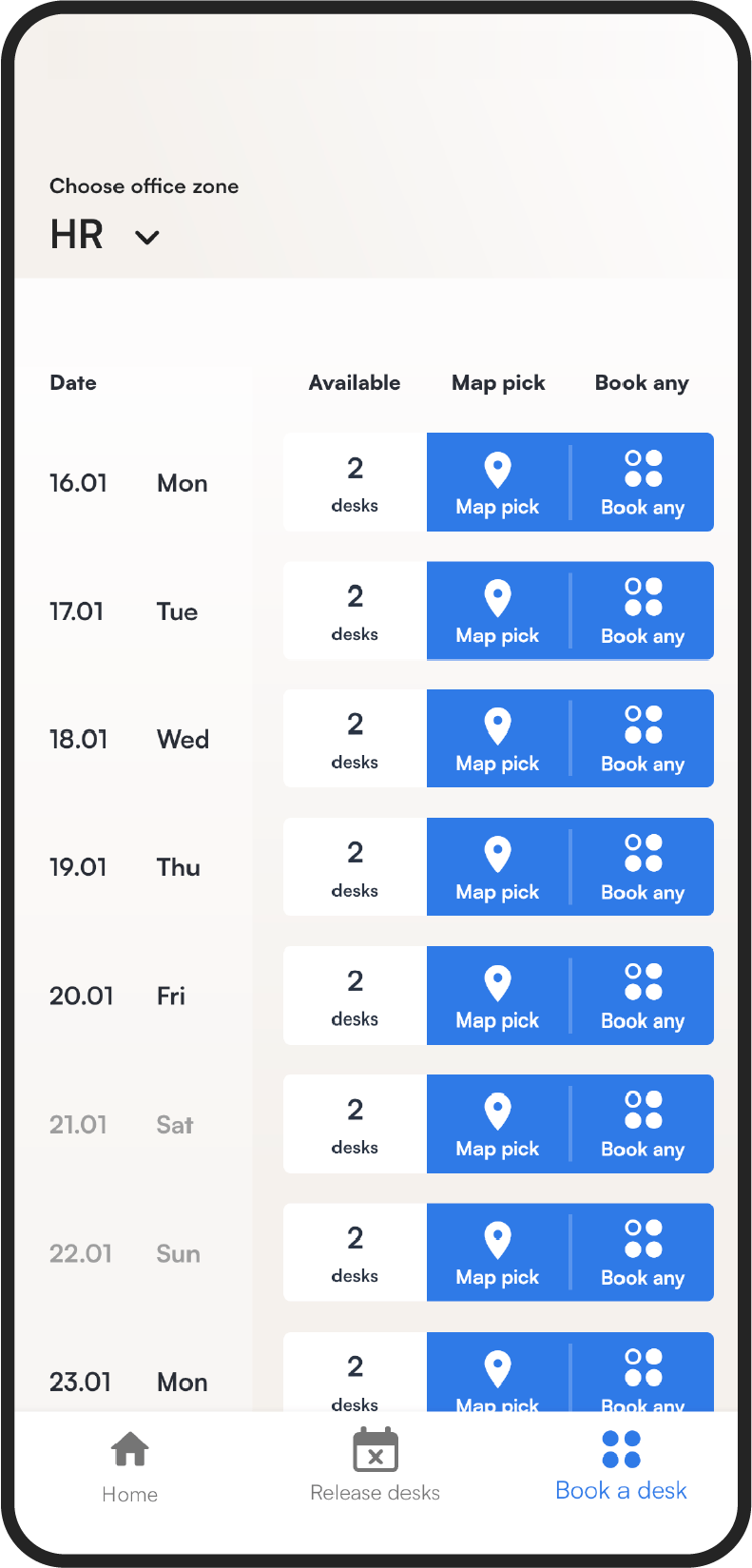 Tidaro mobile app desk booking dashboard
