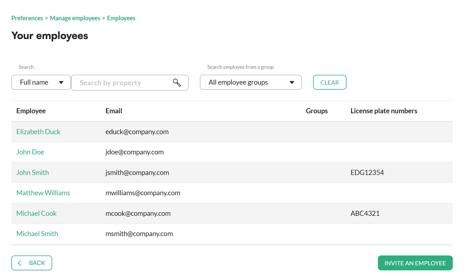 Employee list with search bar in Tidaro