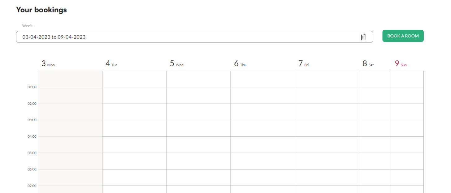 Rooms panel in the Tidaro web app with a weekly calendar view
