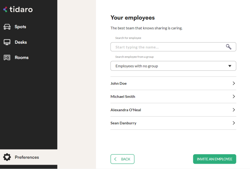 Employee list filtered to show employees with no group assigned