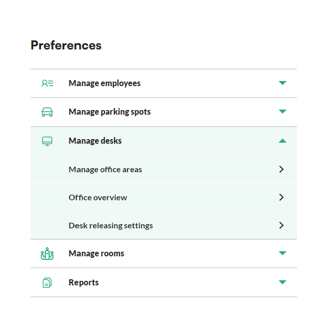 List of office areas in the manage office areas section