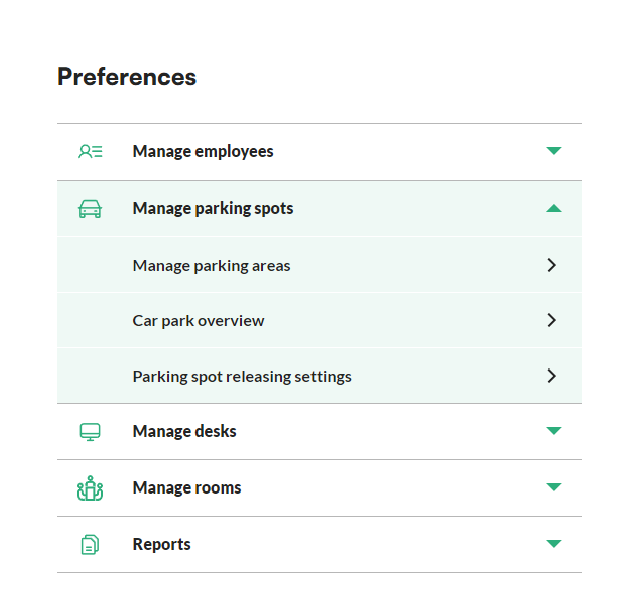 Manage parking spots menu in the Tidaro preferences