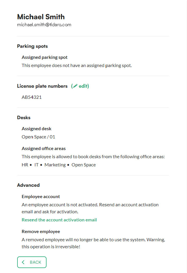 Employee details screen with assigned parking spot, desk, office areas and licence plate number