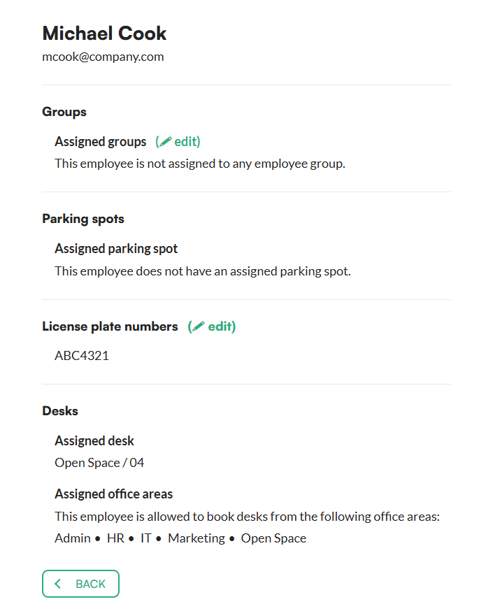Employee details with bookings, assigned resources and assigned groups