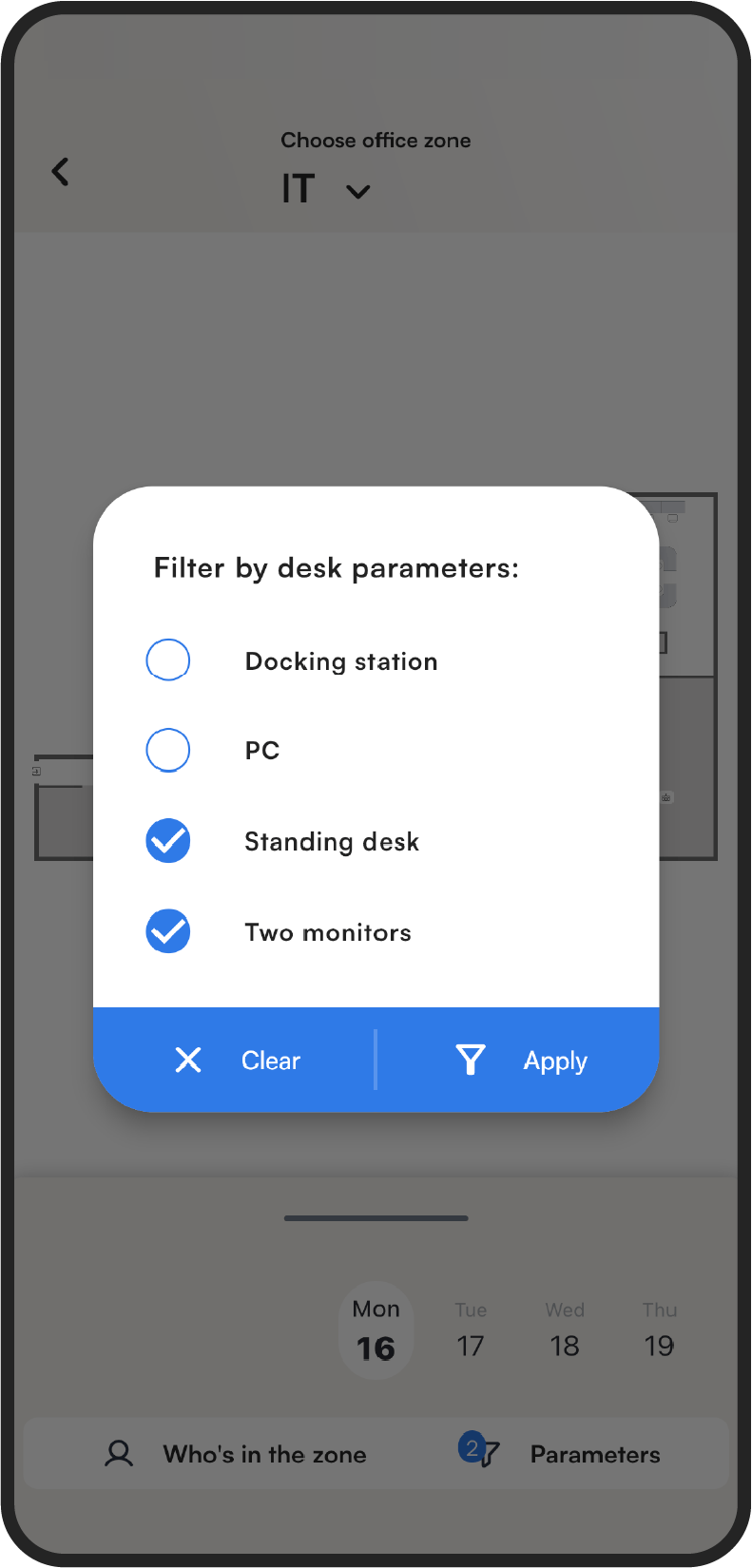 Tidaro mobile app desk parameters selection