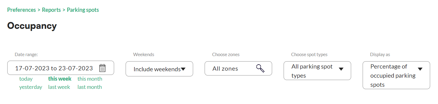 Report settings in the Tidaro web app: date range, weekends, zones, spot types and data display