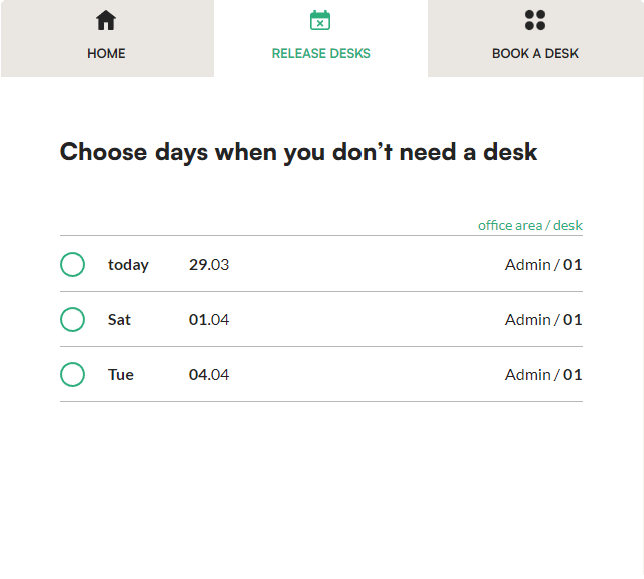 Release desks tab in the Tidaro web app with a list of booked desks
