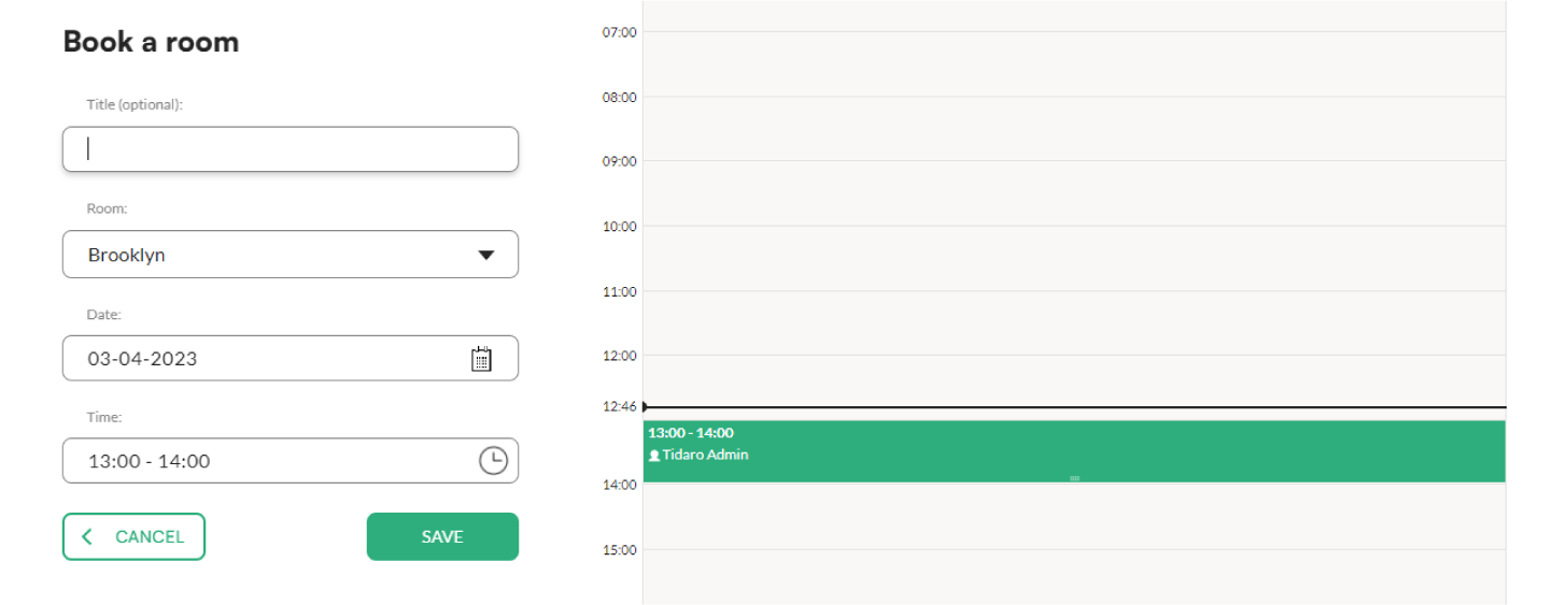Room booking form in the Tidaro web app