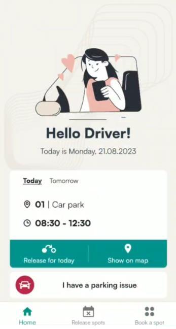 Tidaro mobile app home screen with parking booking details