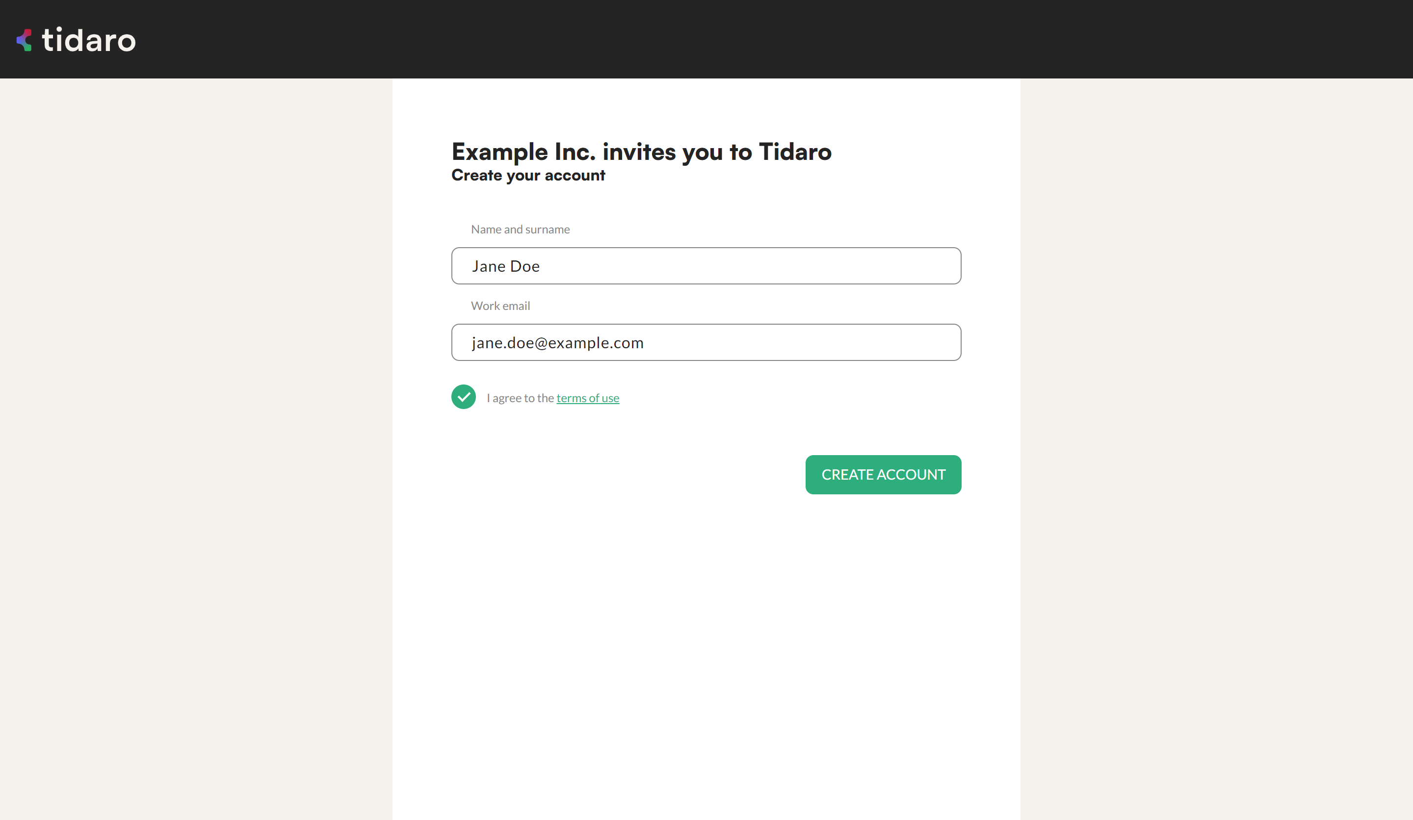 Tidaro self-registration form