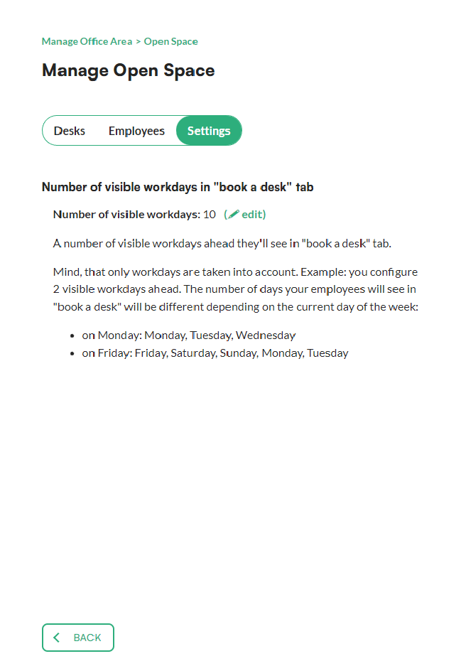 Setting the number of visible workdays on the zone's settings tab