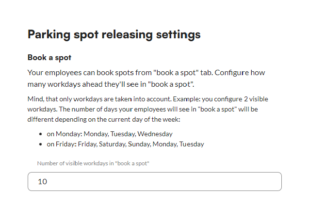 Setting the number of visible booking days in parking spot releasing settings