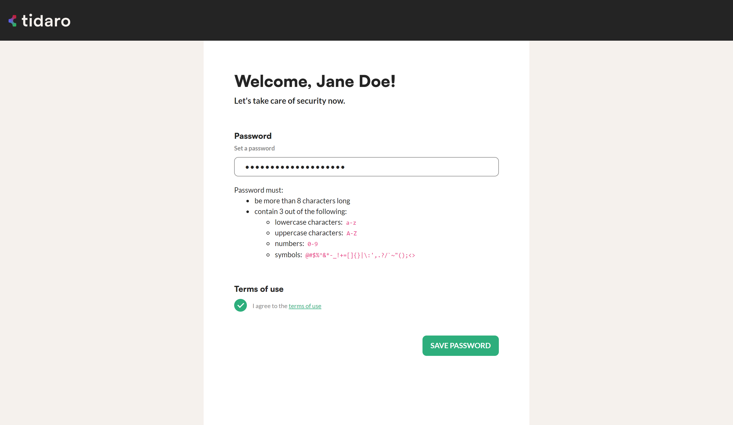 Tidaro account activation screen for setting your password