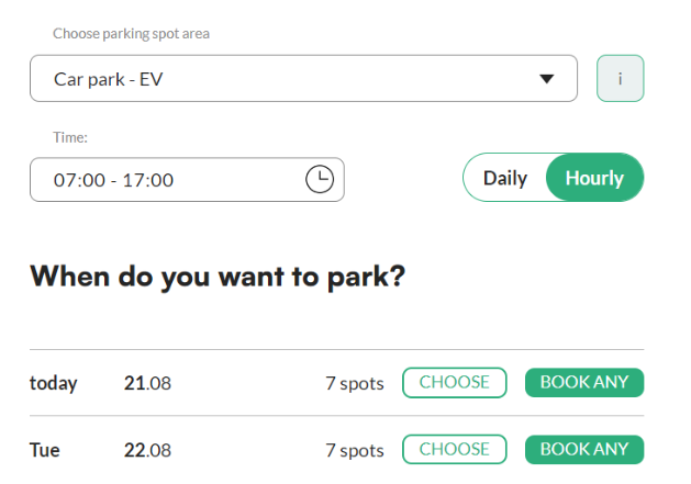 When do you want to park section with the Book any and Choose buttons in the Tidaro web app